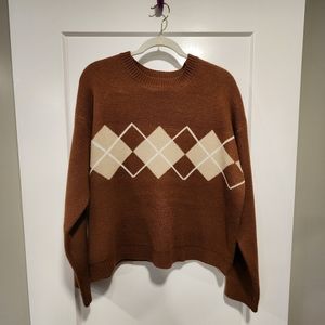 NWOT Shein New Colorblock Argyle Pattern Drop Shoulder Sweater, Brown, Medium